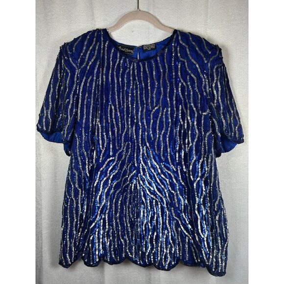 Jewel Queen 100% Pure Silk Sequined Short Sleeve Great Gatsby Style Blouse 2x - Picture 1 of 10